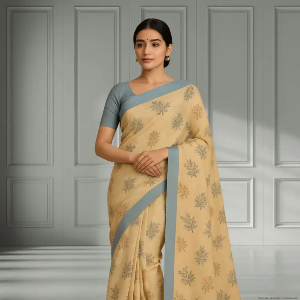 Elegant Beige-Gold Cotton Saree with Grey Border