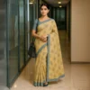Elegant Beige-Gold Cotton Saree with Grey Border