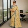 Elegant Beige-Gold Cotton Saree with Grey Border