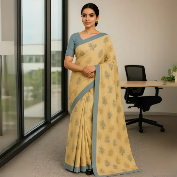 Elegant Beige-Gold Cotton Saree with Grey Border