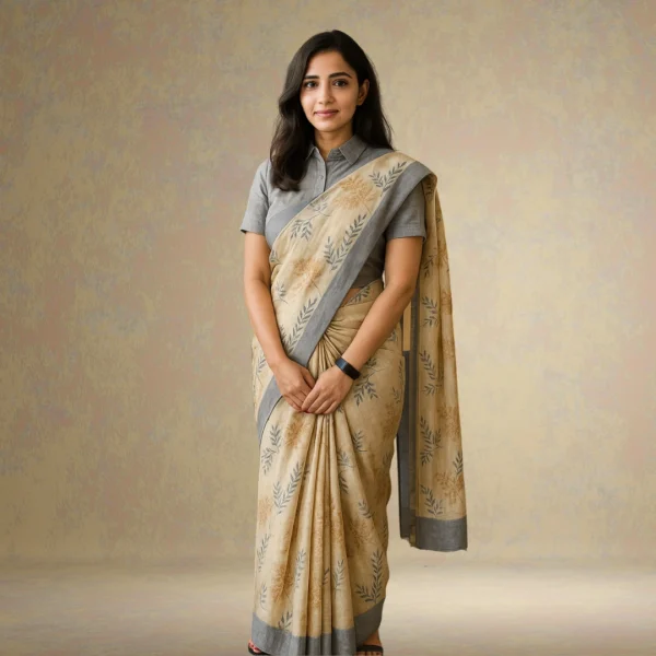 Elegant Warm Beige Cotton Saree with Grey Border