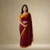Elegant Deep Maroon Cotton Saree with  Antique Gold Border