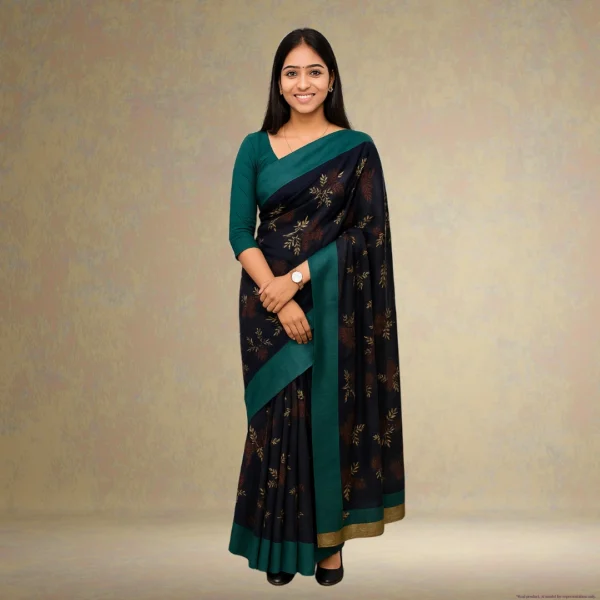 Elegant Dark Navy Blue Cotton Saree with Teal Green Border