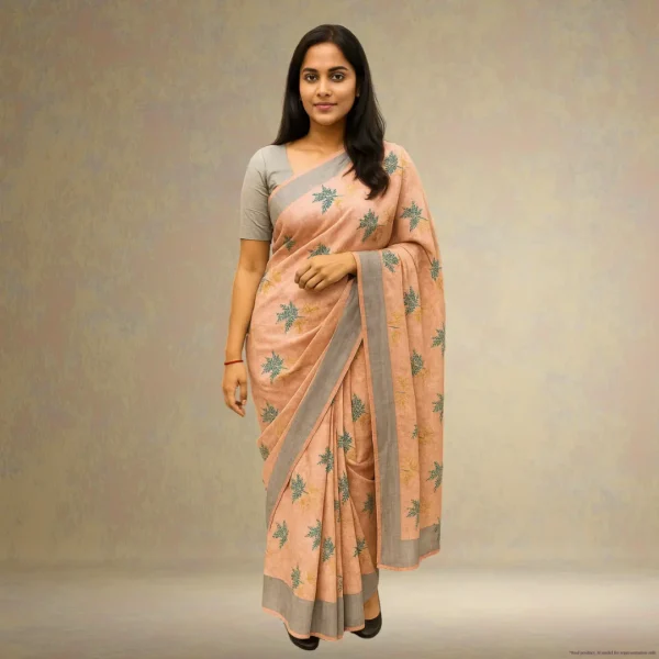 Elegant Muted Rose Pink Cotton Saree with Grey Border